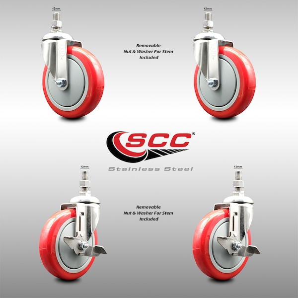 Service Caster 5 Inch 316SS Red Polyurethane Swivel 12mm Threaded Stem Caster Brake, 2PK SS316TS20S514-PPUB-RED-M1215-2-TLB-2 - main